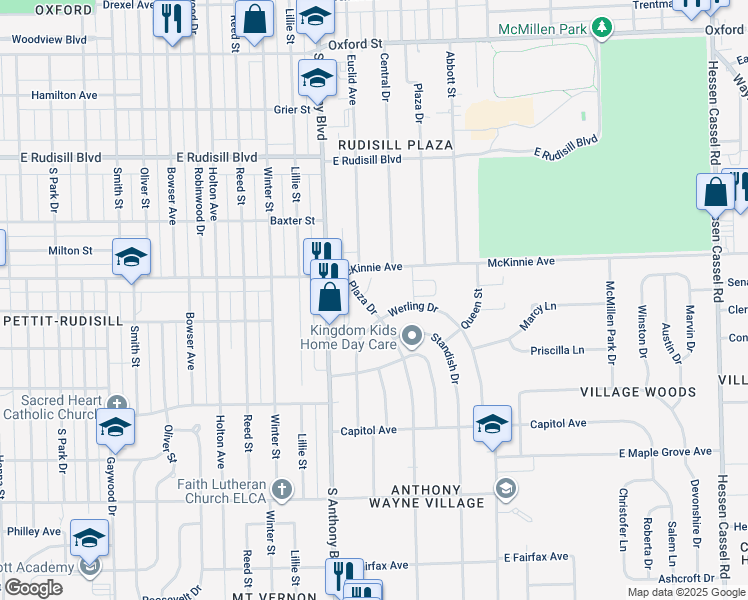 map of restaurants, bars, coffee shops, grocery stores, and more near 4213 Plaza Drive in Fort Wayne