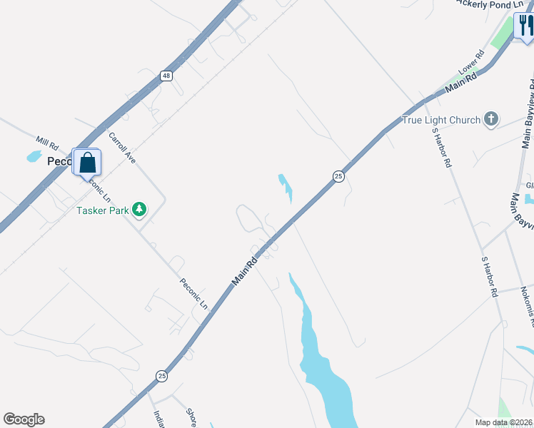 map of restaurants, bars, coffee shops, grocery stores, and more near 44075 New York 25 in Southold