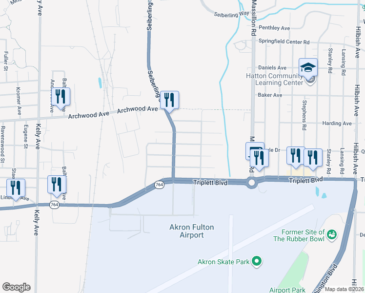 map of restaurants, bars, coffee shops, grocery stores, and more near 1552 Wildon Avenue in Akron