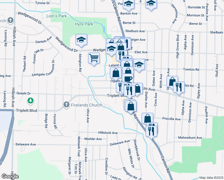 map of restaurants, bars, coffee shops, grocery stores, and more near 2524 Albrecht Avenue in Akron