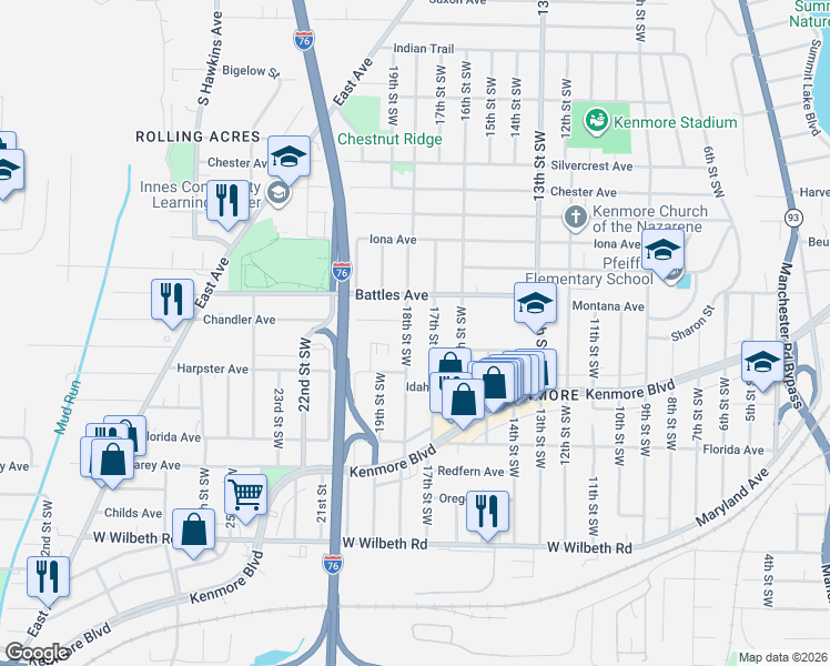 map of restaurants, bars, coffee shops, grocery stores, and more near 2121 18th Street Southwest in Akron