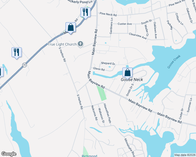 map of restaurants, bars, coffee shops, grocery stores, and more near 3795 Main Bayview Road in Southold