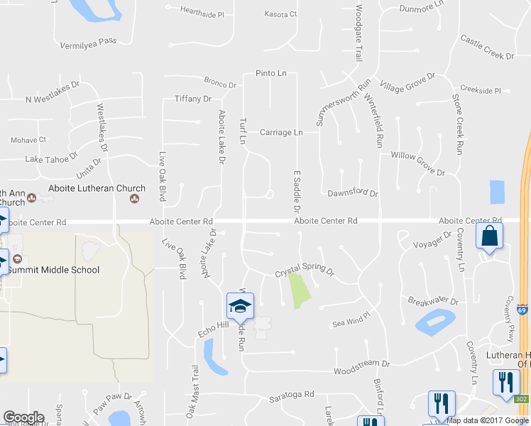 map of restaurants, bars, coffee shops, grocery stores, and more near 9532 Aboite Center Road in Fort Wayne