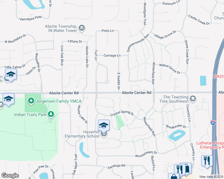map of restaurants, bars, coffee shops, grocery stores, and more near 9519 Spurwood Court in Fort Wayne