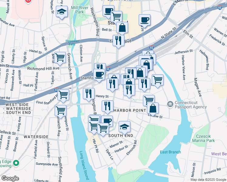 map of restaurants, bars, coffee shops, grocery stores, and more near 669 Atlantic Street in Stamford