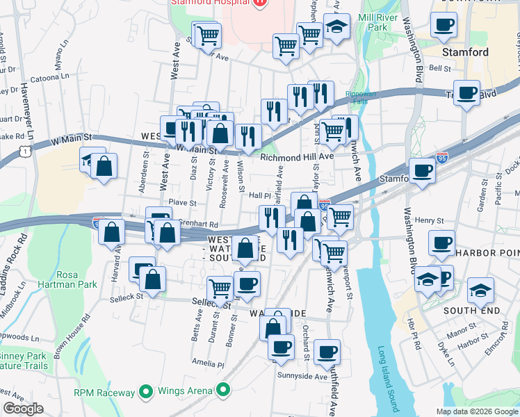map of restaurants, bars, coffee shops, grocery stores, and more near 30 Hall Place in Stamford