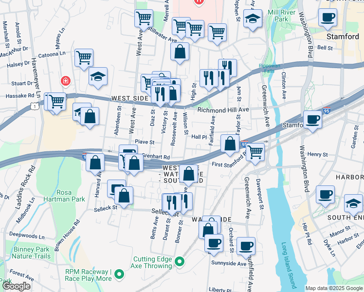 map of restaurants, bars, coffee shops, grocery stores, and more near 60 Roosevelt Avenue in Stamford