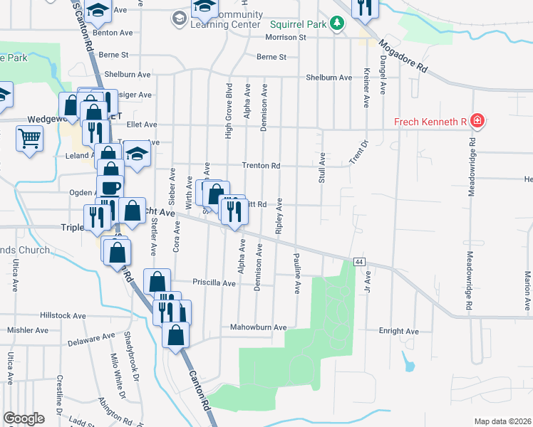 map of restaurants, bars, coffee shops, grocery stores, and more near 400 Ripley Avenue in Akron