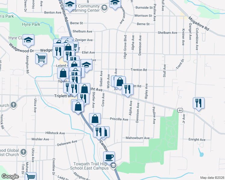 map of restaurants, bars, coffee shops, grocery stores, and more near 478 Stevenson Avenue in Akron