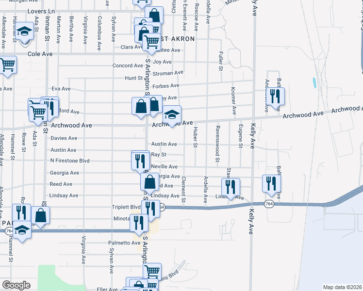 map of restaurants, bars, coffee shops, grocery stores, and more near 897 Clement Street in Akron