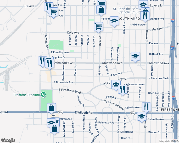 map of restaurants, bars, coffee shops, grocery stores, and more near 187 East Mapledale Avenue in Akron