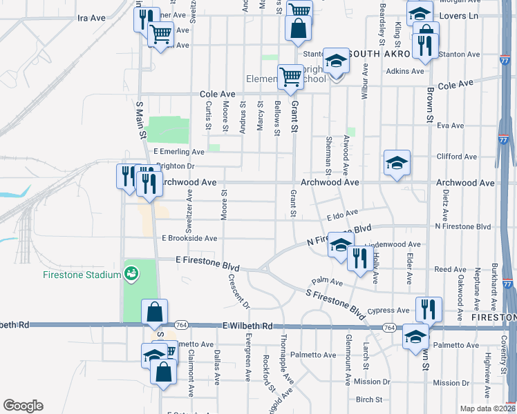 map of restaurants, bars, coffee shops, grocery stores, and more near 187 East Mapledale Avenue in Akron