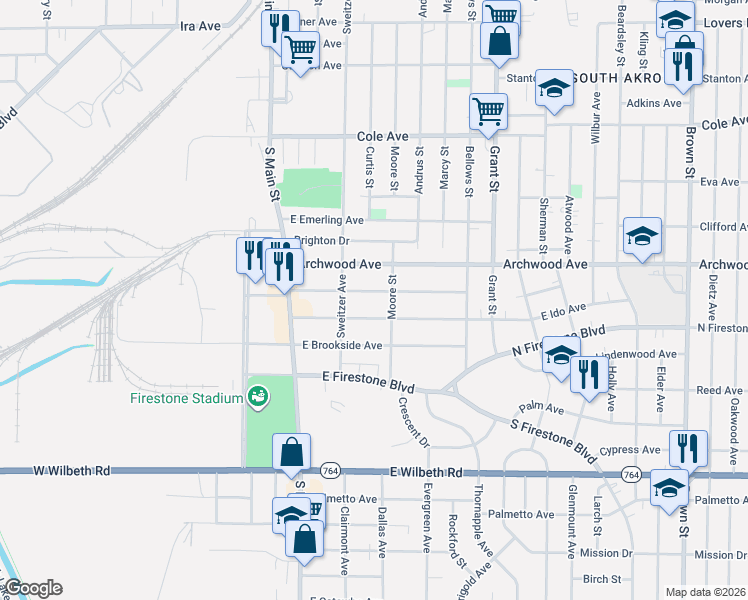 map of restaurants, bars, coffee shops, grocery stores, and more near 103 East Mapledale Avenue in Akron