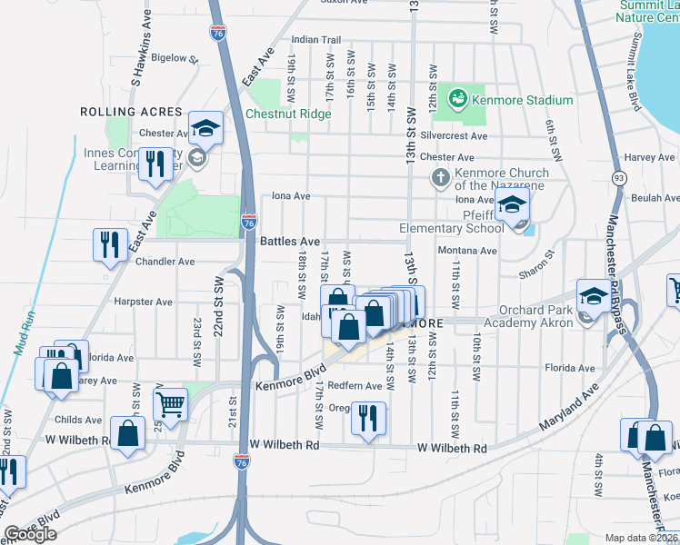 map of restaurants, bars, coffee shops, grocery stores, and more near 2128 16th Street Southwest in Akron