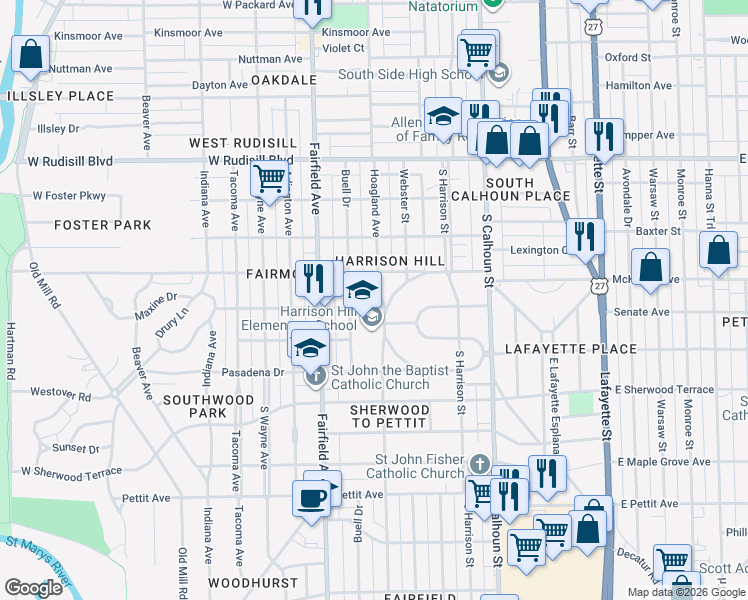 map of restaurants, bars, coffee shops, grocery stores, and more near 4209 Hoagland Avenue in Fort Wayne