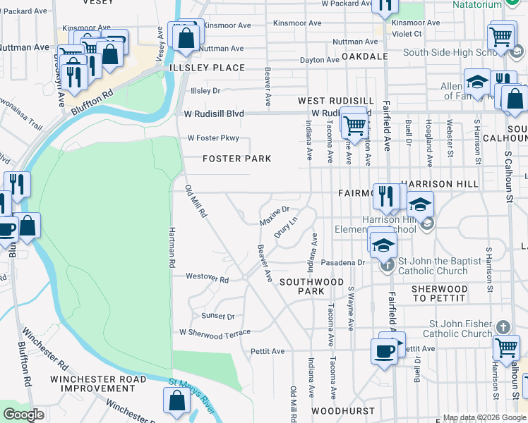 map of restaurants, bars, coffee shops, grocery stores, and more near 4210 Beaver Avenue in Fort Wayne