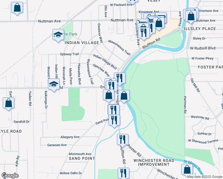 map of restaurants, bars, coffee shops, grocery stores, and more near 4112 Manito Boulevard in Fort Wayne