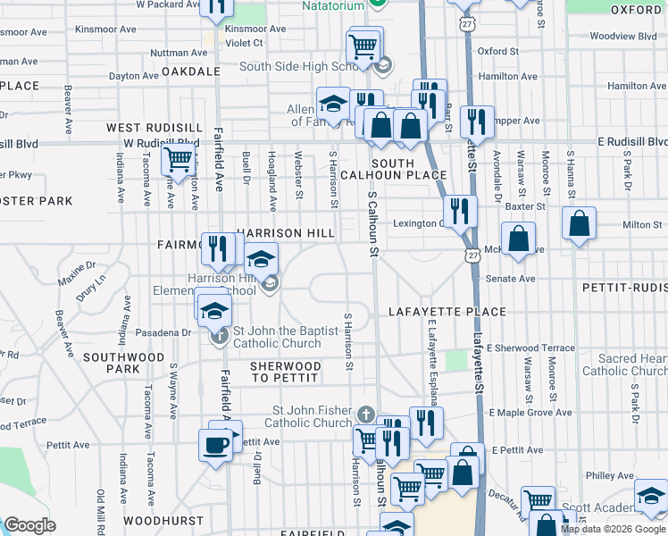 map of restaurants, bars, coffee shops, grocery stores, and more near 137 Lexington Avenue in Fort Wayne