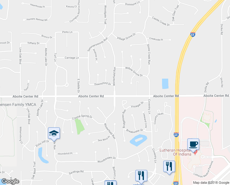map of restaurants, bars, coffee shops, grocery stores, and more near Winterfield Run in Fort Wayne
