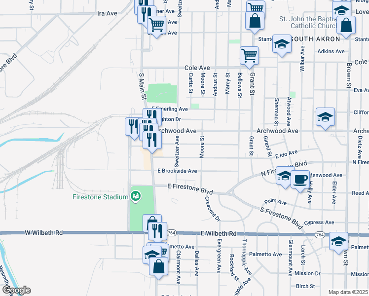 map of restaurants, bars, coffee shops, grocery stores, and more near 65 East Mapledale Avenue in Akron
