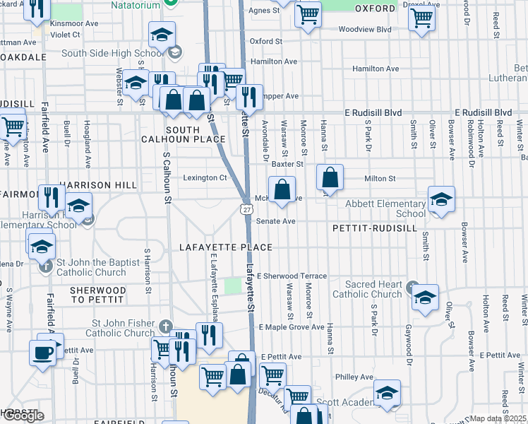 map of restaurants, bars, coffee shops, grocery stores, and more near 4320 Avondale Drive in Fort Wayne