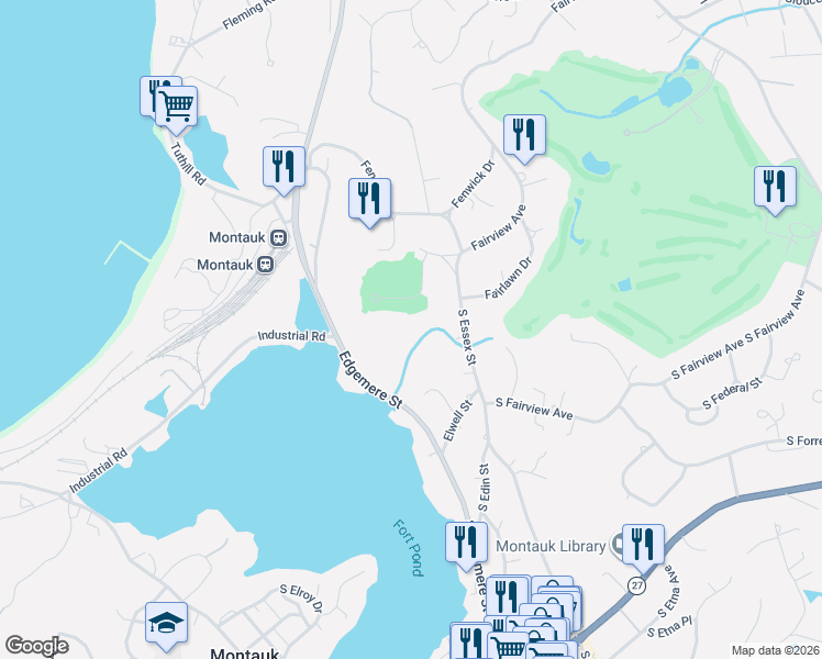map of restaurants, bars, coffee shops, grocery stores, and more near 1 Fort Hill Road in Montauk