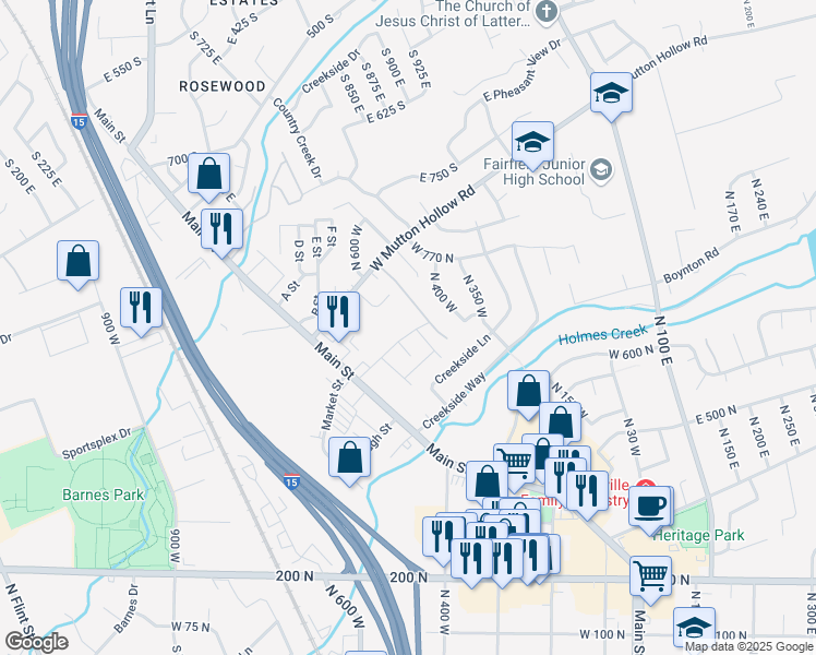 map of restaurants, bars, coffee shops, grocery stores, and more near 490 Hyde Park Lane in Kaysville