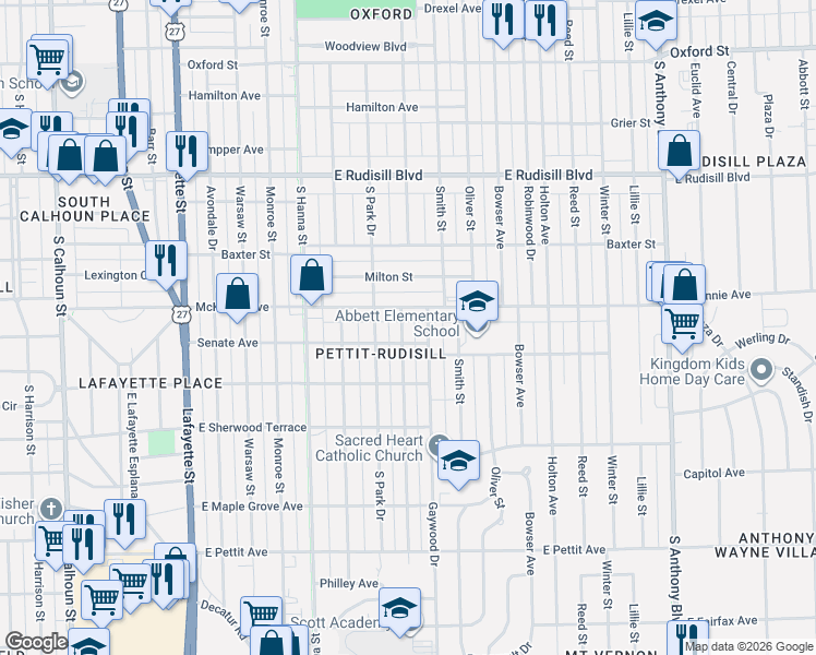 map of restaurants, bars, coffee shops, grocery stores, and more near 4305 Spatz Avenue in Fort Wayne