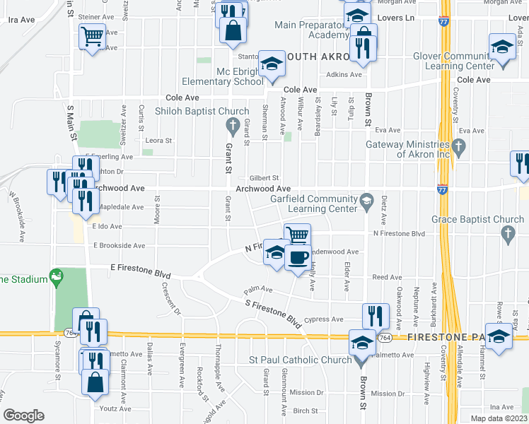 map of restaurants, bars, coffee shops, grocery stores, and more near 1354 Aster Avenue in Akron