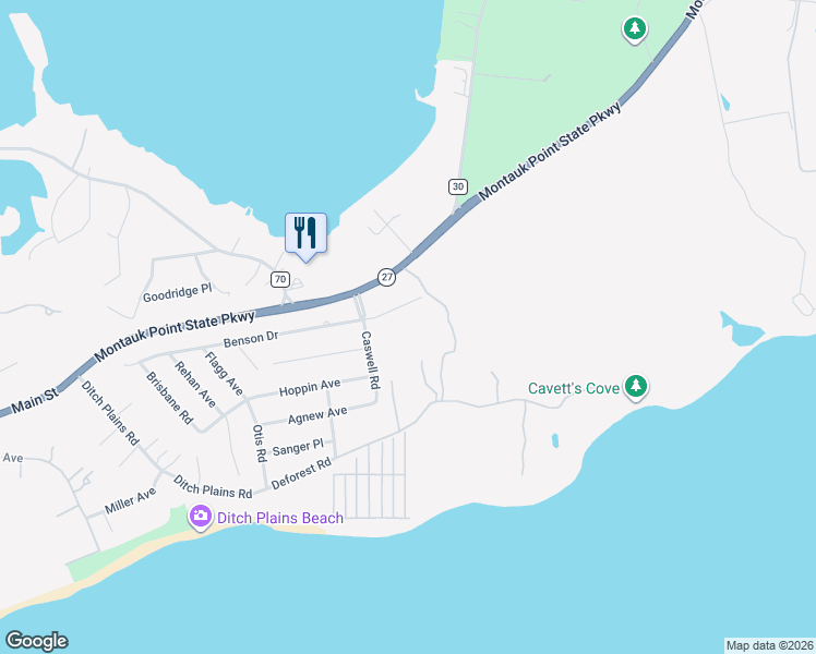 map of restaurants, bars, coffee shops, grocery stores, and more near 136 Benson Drive in Montauk