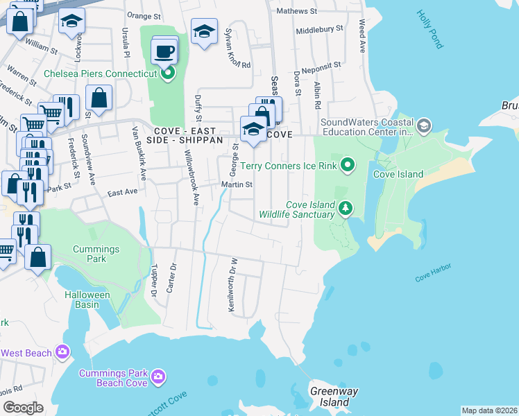map of restaurants, bars, coffee shops, grocery stores, and more near 86 Horton Street in Stamford