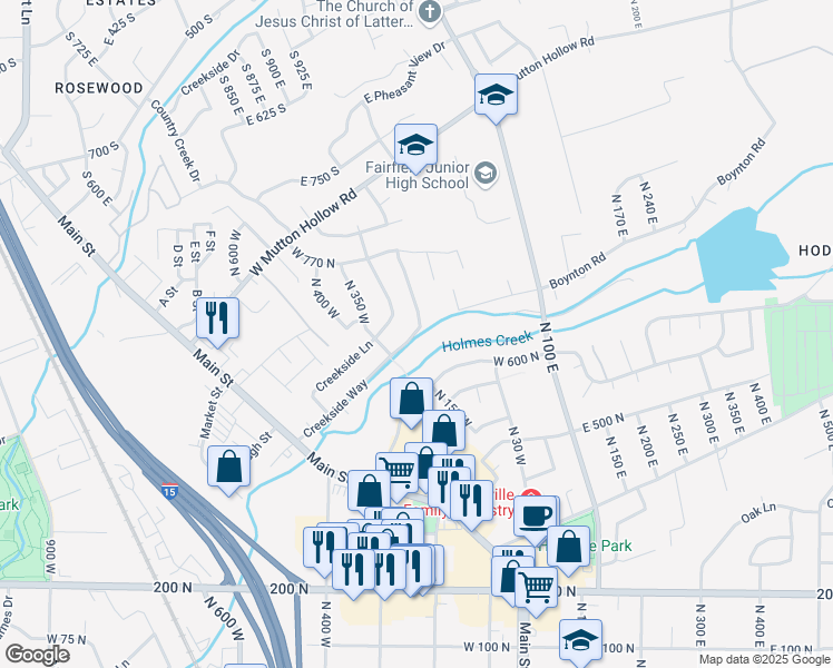 map of restaurants, bars, coffee shops, grocery stores, and more near 350 Creekside Way in Kaysville