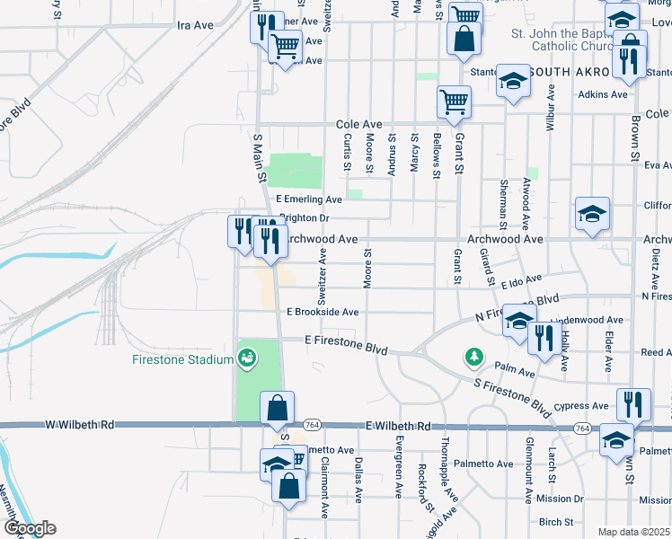 map of restaurants, bars, coffee shops, grocery stores, and more near 78 East Mapledale Avenue in Akron