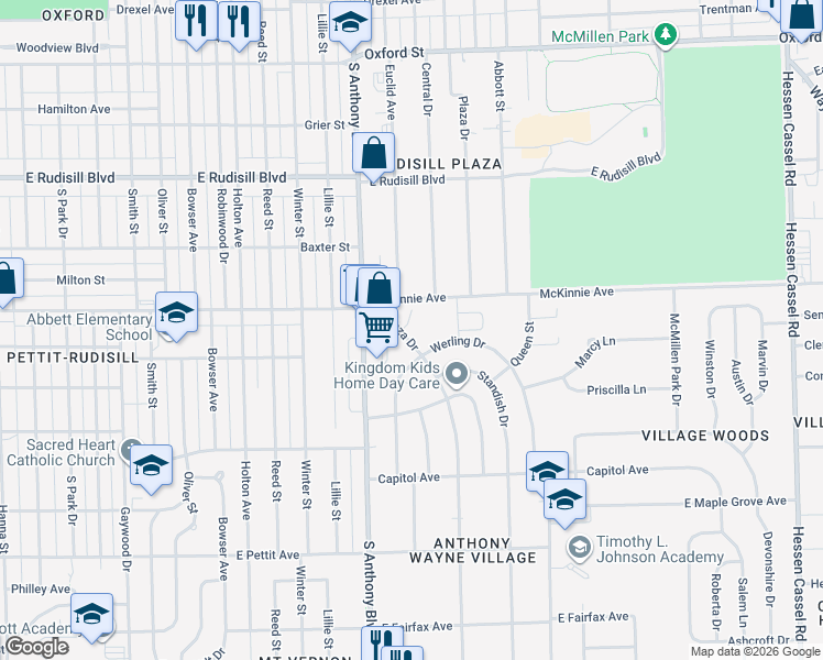 map of restaurants, bars, coffee shops, grocery stores, and more near 4211 Plaza Drive in Fort Wayne