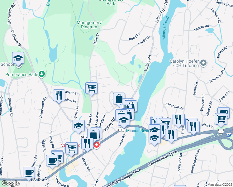 map of restaurants, bars, coffee shops, grocery stores, and more near 4 Lia Fail Way in Greenwich