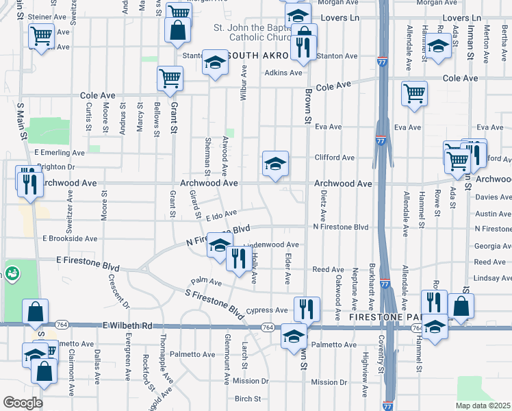 map of restaurants, bars, coffee shops, grocery stores, and more near 1322 Beardsley Street in Akron