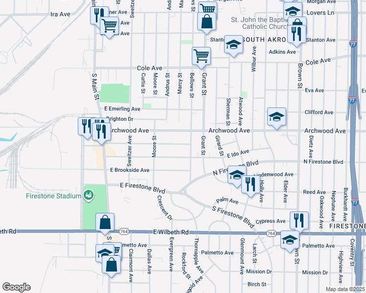 map of restaurants, bars, coffee shops, grocery stores, and more near 187 East Mapledale Avenue in Akron