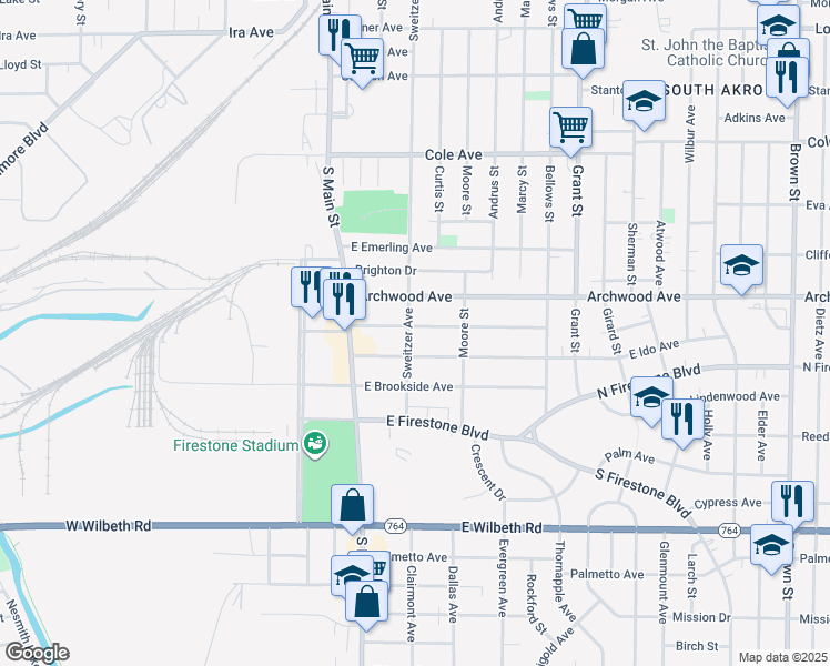 map of restaurants, bars, coffee shops, grocery stores, and more near 65 East Mapledale Avenue in Akron