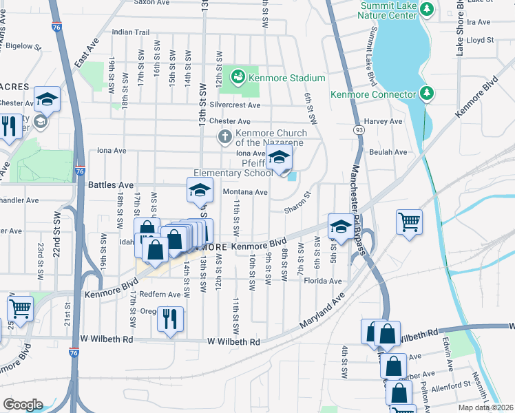 map of restaurants, bars, coffee shops, grocery stores, and more near 2114 9th Street Southwest in Akron