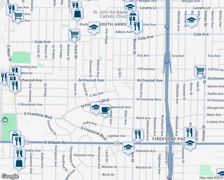 map of restaurants, bars, coffee shops, grocery stores, and more near 1322 Beardsley Street in Akron