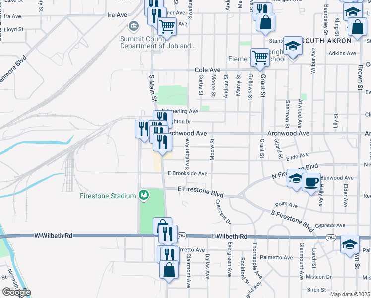 map of restaurants, bars, coffee shops, grocery stores, and more near 58 East Mapledale Avenue in Akron