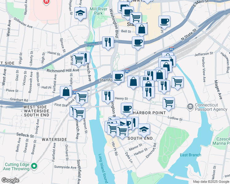 map of restaurants, bars, coffee shops, grocery stores, and more near 21 Station Place in Stamford