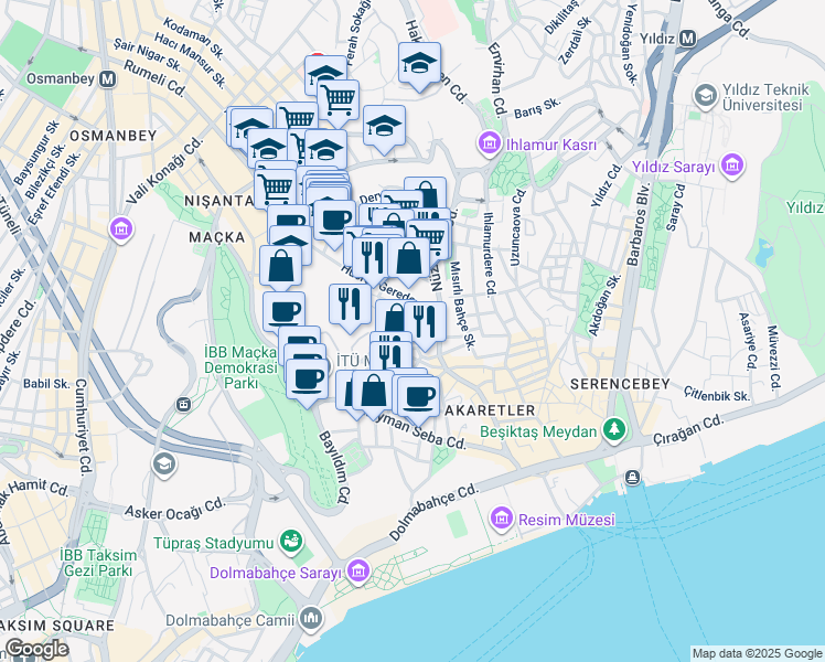 map of restaurants, bars, coffee shops, grocery stores, and more near 9 Şehit Mehmet Sokak in Beşiktaş