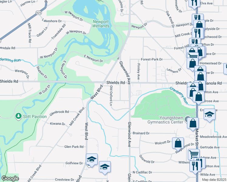 map of restaurants, bars, coffee shops, grocery stores, and more near 5213 Old Oxford Lane in Youngstown