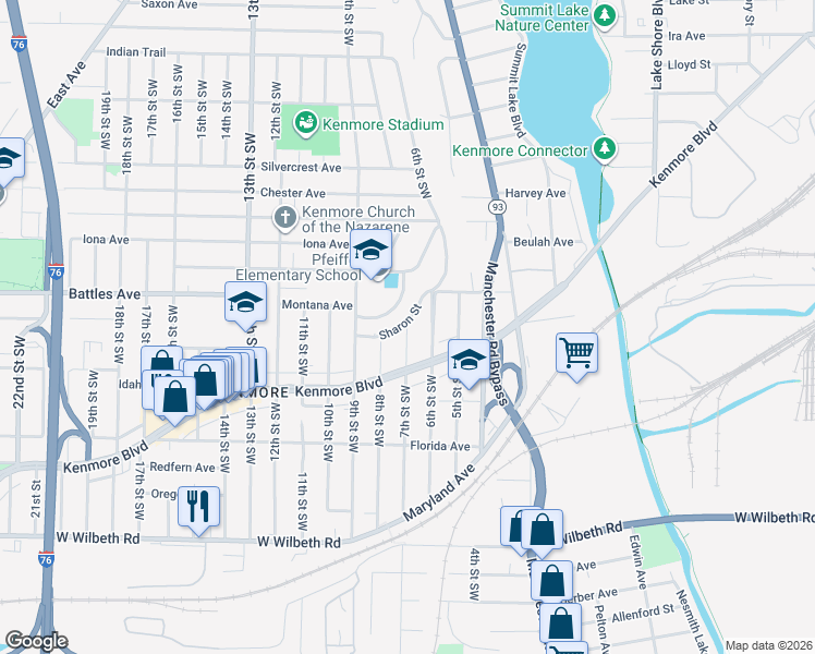 map of restaurants, bars, coffee shops, grocery stores, and more near 1169 7th Street Southwest in Akron