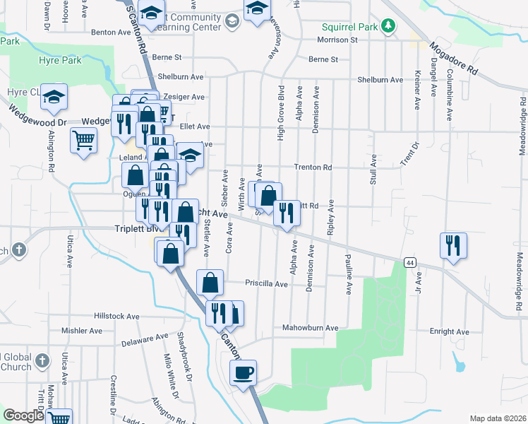 map of restaurants, bars, coffee shops, grocery stores, and more near 478 Stevenson Avenue in Akron