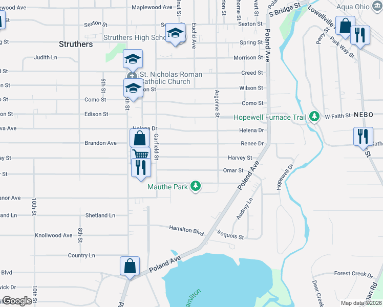 map of restaurants, bars, coffee shops, grocery stores, and more near 176 Renee Drive in Struthers