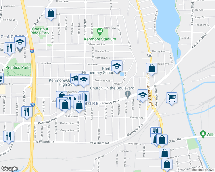map of restaurants, bars, coffee shops, grocery stores, and more near 2125 10th Street Southwest in Akron