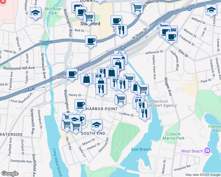 map of restaurants, bars, coffee shops, grocery stores, and more near 110 Towne Street in Stamford