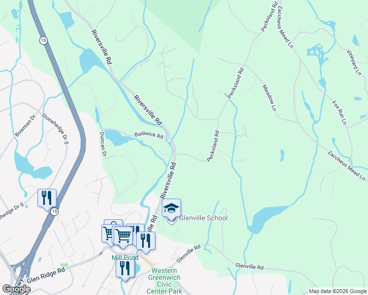 map of restaurants, bars, coffee shops, grocery stores, and more near 161 Pecksland Road in Greenwich